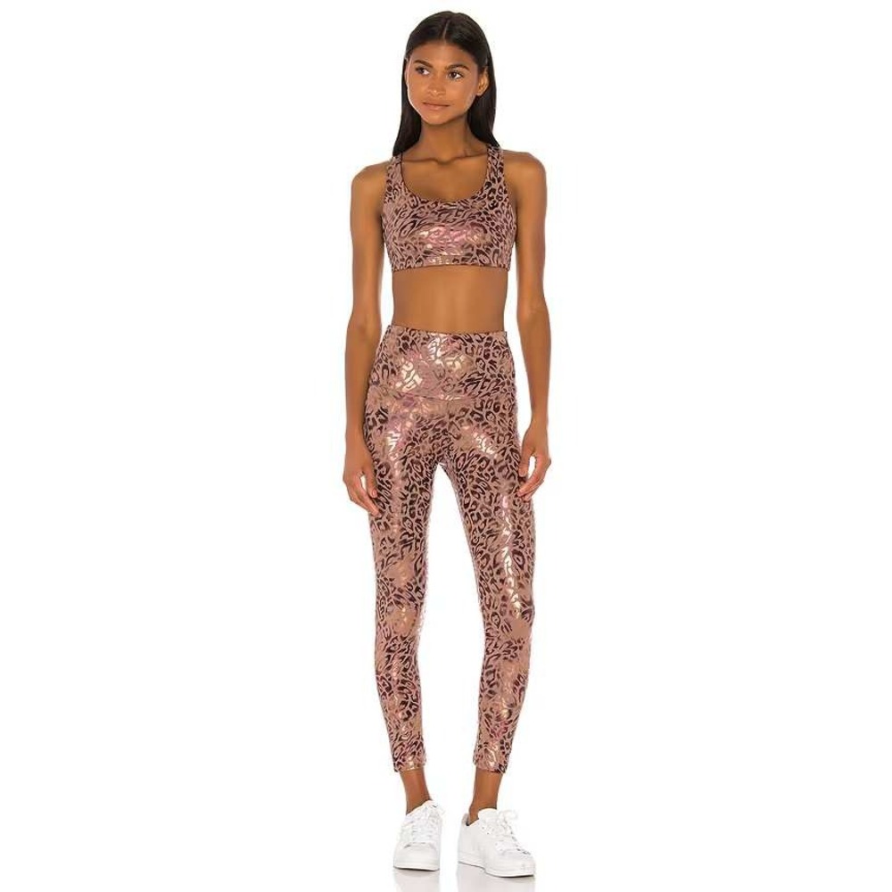 Onzie Golden Leopard Foil Mudra Bra High Rise Midi Leggings SET NWT Size L/ML